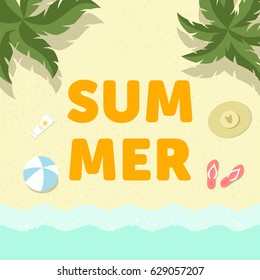 Summer poster with beach scene: sea shore, waves, palm trees and beach accessories.