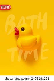 Summer poster beach time. Yellow Rubber Duck 3d Cartoon style on a yellow background. Vector illustration