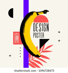 Summer poster. Bright poster with a banana on an abstract background with palm leaves and geometric shapes. Vector illustration