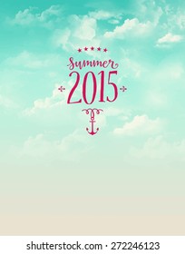 Summer poster, with bright blue sky, fluffy clouds and pink label with anchor and stars