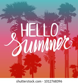 Summer poster with bright gradient, palms silhouettes and hand lettering