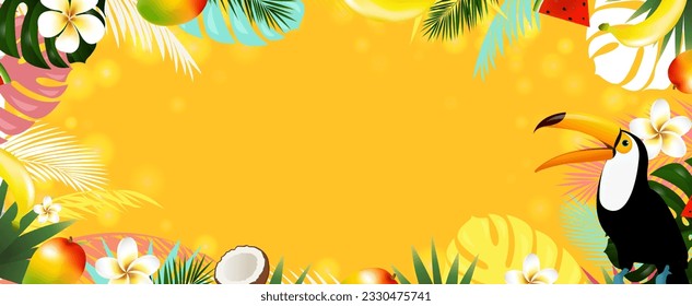 Summer Poster With Bright Palm Leaves And Flowers With Gradient Mesh, Vector Illustration