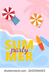 Summer poster with bright umbrellas, surfboards and ocean. Summer party card.