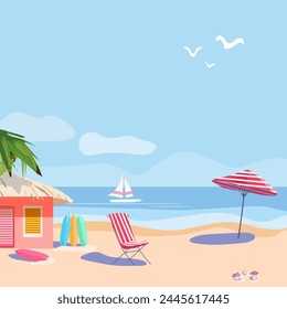 Summer poster with bungalow and palm tree on the seashore. Surfboards, sun lounger and beach umbrella. Shells on the sand. Template for poster, web page, text or banner. Flat vector illustration