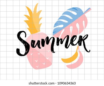 Summer poster. Calligraphy word with pineapple, monstera leaf and banana illustrations
