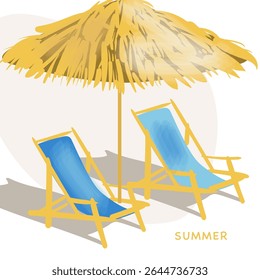 Summer poster or card. Mediterranean beach loungers with umbrella. Elegant watercolor style vector illustration