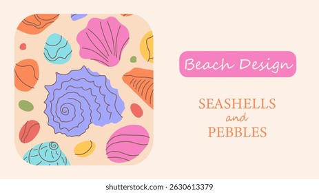 Cartel de verano o tarjeta con conchas y guijarros en la arena. Plantillas de diseño de mar dibujadas a mano para la marca, etiqueta, cubierta, publicidad, fondos. 