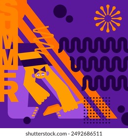 Summer poster with character. A set of abstract elements in a orange purple palette. Card on the theme of vacation and recreation. Trendy abstract poster.