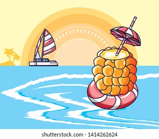 summer poster of cocktail pineapple with float in sea