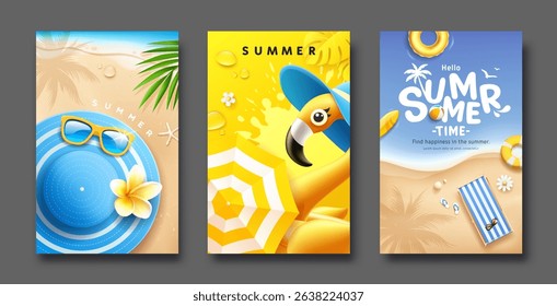 Summer poster collections, yellow and blue concept design three stlye background, Vector illustration