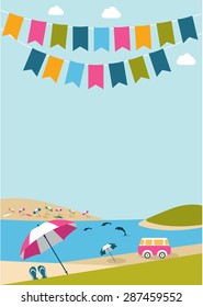 Summer poster with color flags dolphins, van and umbrellas. Festival, party, celebration background. Flat design.