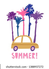 Summer poster with colored palm silhouettes, car and hand written text "Summer!". Retro poster with landscape and lettering design.