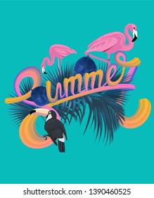 Summer poster with colorful lettering, tropical animals and leaves. Vector illustration