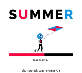 Summer poster concept. Cartoon office man playing with kite. Loading process