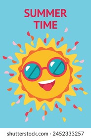 Cartel de verano con el personaje divertido sol fresco usando gafas de sol. Feliz lindo emoji del sol riendo en el cielo. Personaje alegre del sol.  Antecedentes, volante, Anuncio, invitación