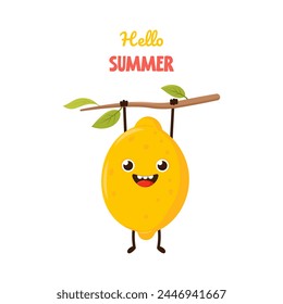 Cartel de verano con lindo personaje divertido de limón. Lindo póster dibujado a mano con fruta. Hola Summer
