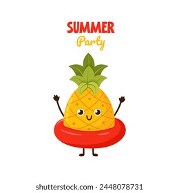 Summer poster with cute funny pineapple character. Cute hand drawn poster with fruit on seaside holiday. Summer Party Card pineapple with inflatable ring