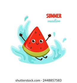 Summer poster with cute funny watermelon slice character. Cute hand drawn poster with fruit on seaside holiday. Summer Party Card watermelon character on summer vacation