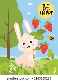 Summer poster with cute hare with bouquet of strawberries and funny bee on background of summer landscape - Be happy. Vertical Vector illustration with rabbit character for design, postcards, flyers