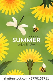 Summer poster with dandelions, a dragonfly, and a bee on a green background. Flat illustration for summer design.