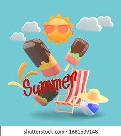 summer poster design for banner.with 3d red summer font surrounded by
Ice cream sticks and beach element on blue sky.
