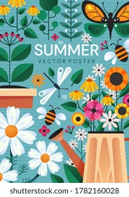 Summer poster design with colorful garden flowers, a watering can and insects over a blue background, colored vector illustration