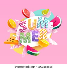 Summer poster design. Colorful lettering with citrus fruits and tropical leaves. Bright holiday banner.