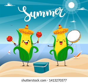  Summer poster design corn with maracas and tambourine characters. Vector summer illustration