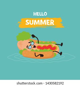 Summer poster design with cute hot dog characters with Hello summer text. Kawaii cute. Vector illustration