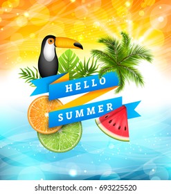 Summer Poster Design with Parrot Toucan, Slices of Watermelon, Orange and Lime, Palm Tree Leaves. Ribbon Banner Hello Summer - Illustration Vector