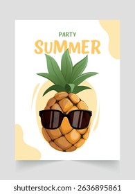 Summer poster design with pineapple in sunglasses. Hand drawn lettering "Summer party". Vector illustration for poster, invitation, postcard.