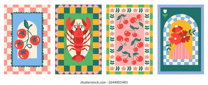 Summer poster design set with cute  italian mediterranean elements on trendy background. Childish print for greeting card, frame or banner design