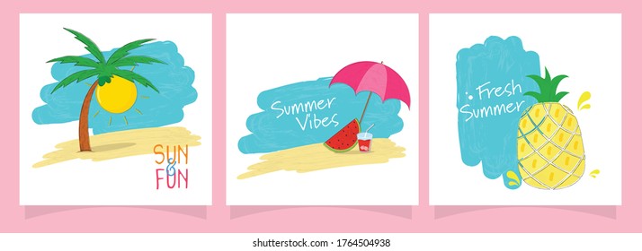 Summer Poster Design Set with Fruits, Umbrella, Coconut Tree, Sunshine and Brush Stroke Effect on White Background.