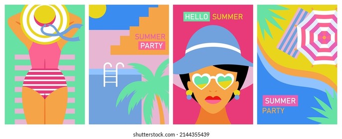 Juego de pósters de verano. Vacaciones de verano, fiestas en la playa o fiestas en la piscina. Fondo de plantilla para folleto, pancarta o volante.