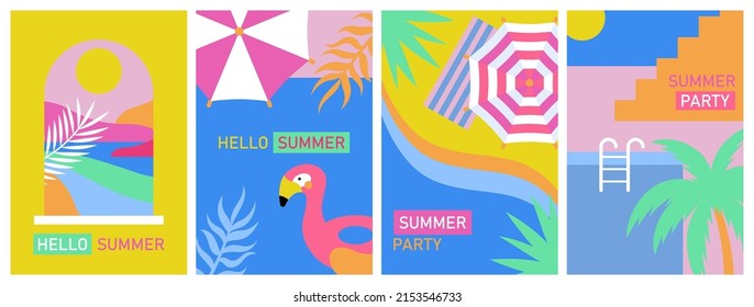 Summer poster design set. Summer vacation, beach party or pool party. Template background for brochure, banner or flyer.