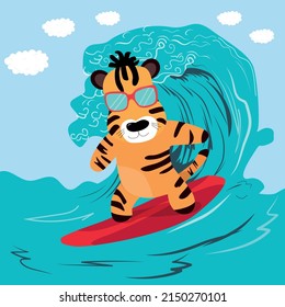 Summer poster design with surfing tiger character