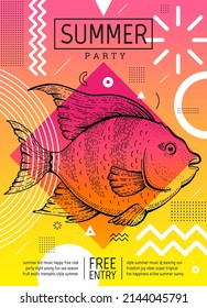 Summer poster design. Vector abstract background. Summer fashion graphic with tropic fish. Music banner geometric shape. Line art. Party template flyer. Modern pop pattern. Dance beach element poster