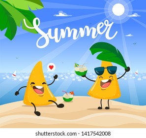 Summer poster design with vector  nachos chips character. Vector illustration