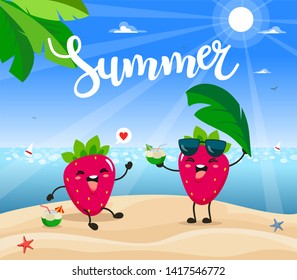 Summer poster design with vector strawberry characters. Vector illustration