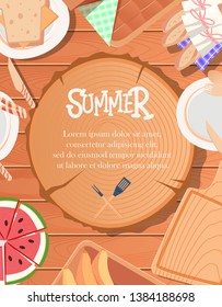 summer poster design with wooden background. can be use for greeting and invitation card. background , backdrop. vector illustration - Vector