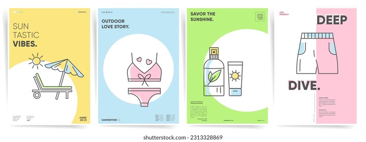 Summer Poster Designs. Minimal Beach Party Vibes with Swimsuits, Sunscreen, and Joyful Relaxation. Sunny yellow, pink, green and blue colors. and soft paster line arts. Trendy and Modern Vector Design
