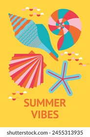 Cartel de verano con diferentes conchas marinas en la arena. Abstractas fondo geométrico de playa junto al mar con conchas de mar decorativas creativas. Ilustración vectorial, tarjeta, invitación