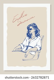 Summer poster with elegant woman sitting, and lettering in hand drawn ink sketch. Vintage Italian summer for poster, card, invitation. Stylish woman enjoying vacation. Retro line art La Dolce Vita.