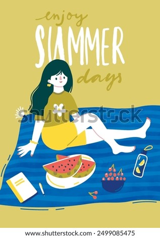 Summer poster, emjoy summer days quote. Picnic illustration, girl sitting on blanket with watermelon, book and cherry.