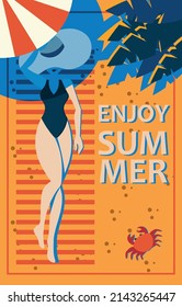 Sommerposter "Genießen Sie den Sommer", flache Illustration eines schönen Mädchens in einem Badeanzug, Reiseplakat-Vorlage, Vektorgrafik. Ein Poster mit der Inschrift.