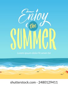 summer poster. enjoy the summer lettering decorative words handwritten on seaside landscape background