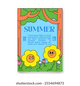 Summer Poster Featuring Happy Flowers and Lush Nature with Cartoon Vector Hand drawn Retro Vintage Illustration Style Perfect for Promotional Summer event festival