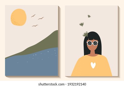 summer poster in flat style. paintings in boho style. girl at the sea. vector illustration