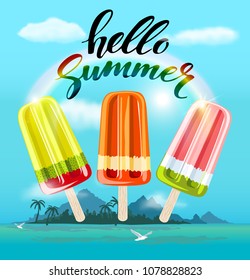 Summer poster, flyer, invitation to rest. Hello summer background with colorful ice cream. Ice cream  on background of the sea. design elements. Vector illustration.