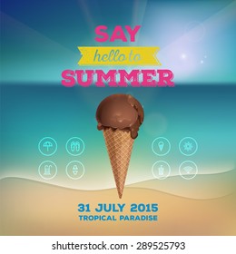 Summer poster, flyer, invitation to rest. Chocolate ice cream in waffle cup on background of the sea. Line icon, design elements. Vector illustration, eps 10